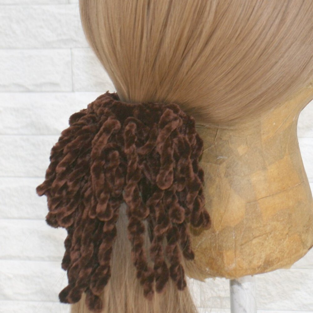 HAND CRAFTED Hair Scrunchie Fringe Kids Crochet Chenille Velvet Oversized Brown